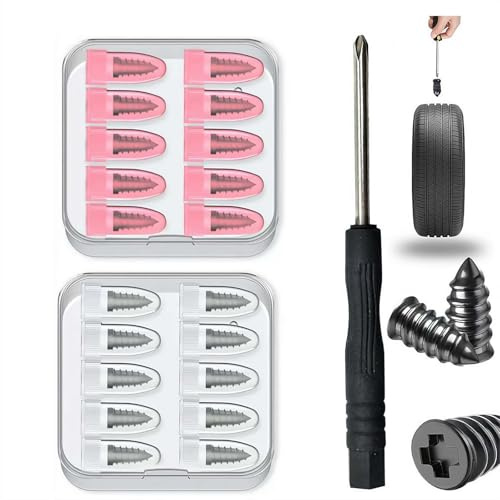 Fgbetcv 30 Pcs Screw in Tire Repair Kit, Tire Repair Rubber Nails Kit with 2 Sizes, Vacuum T-ire R-epair Plugs with Box and Screwdriver,Tires Screw Plug Repairs Kits for Tires Puncture Repairs