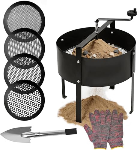 Mocoli Garden Sieve, Rotary Garden Soil Sieve Sifter Compost Sieve with 4 Replaceable Mesh Ø 3/6/9/12 mm, Shovel & Gloves, Round 30 cm Riddle Screener Rotating Mesh Riddle