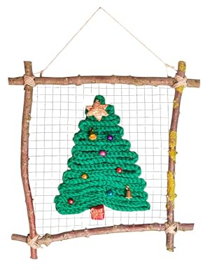 Generisch Handgefertigte Weihnachtsdekoration, Gehäkelter Tannenbaum in rustikalem Holzrahmen, Grün, Wandbehang für Festliche Dekoration, Weihnachtsdeko aus Natur & Wolle – Handgemachter Bilderrahmen