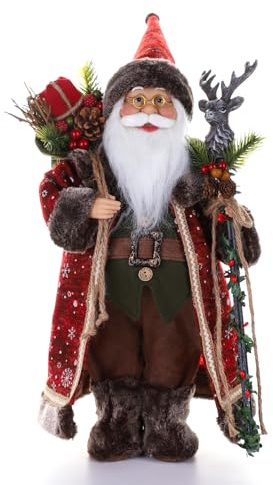 BEAUTLOHAS. 18 Santa Claus Figurine, Christmas Decorations, Standing Santa Claus Hold Deer Head Cane and Sack for Xmas Indoor Home Decoration Gift Party Table Shelf Ornament