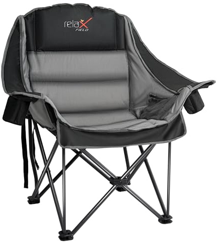 RELAX FIELD Oversized Camping Chair for Adults, 227KG, Black | Heavy Duty Folding Padded Portable Chair, Side Pocket Cup Holder Carrying Bag Included, for Outdoor/Garden/Picnic/Fishing