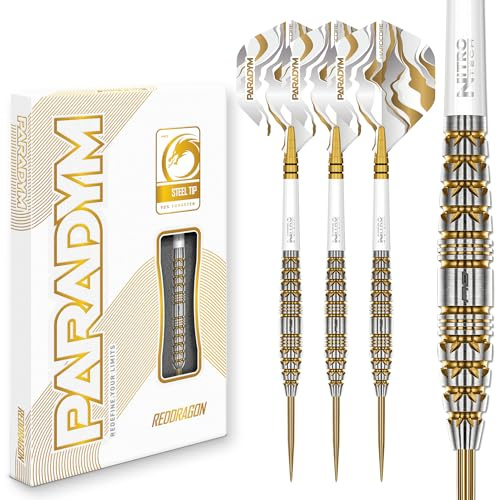 RED DRAGON Darts - Paradym Gold Serie Dart Pfeile - 90% Tungsten Profi Dartpfeile - Beinhaltet Dartflüge & Schäfte | 18g Weiche Spitze & Steeldarts 22g, 23g, 24g, 25g & 26g