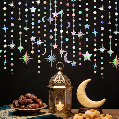 52Ft Sternen Girlande, 4x4m Sterne Deko für Geburtstag, Sonne Mond Sterne | Iridescent Halbmond & Sterne, 4 Stück je 4m. Für 1. Geburtstag, Ramadan, EID, Silvester, Karneval, Hochzeit.