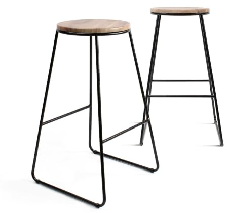 THE SECRET HOME Pack 2 Taburetes Altos Cocina y Bar | Estilo Industrial Moderno | Asiento Madera Clara y Metal Negro | Ideal para Isla de Cocina y Desayunador | Taburete Alto Resistente |Altura 71 cm