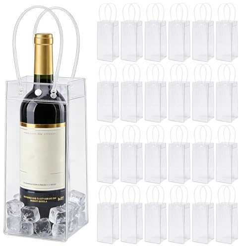 Behogan 24 Stück Flaschenkühler Ice Bag: 10*25*10cm Transparent Sektkühler, PVC Eisbeutel Flaschenkühler, , Auslaufsichere Eistasche mit Griff für Kaltes Bier, Wein, Getränke, Party, Outdoor, Camping