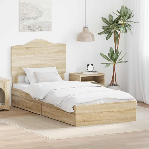 sephironlbb Sonoma-Eiche Stauraumbett 90x200 cm, Einzelbett mit Kopfteil, Holzwerkstoff Bettrahmen, Schubladen für Schlafzimmer, Langlebig