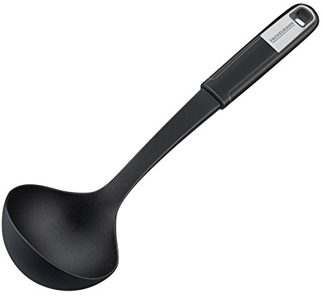 Fackelmann Schöpflöffel 31 cm SENSE, Suppenkelle mit Funktionsteil aus Kunststoff, rutschfester Soft-Touch-Griff, für beschichtete Pfannen und Töpfe (Farbe: Silber/Schwarz), Menge: 1 Stück