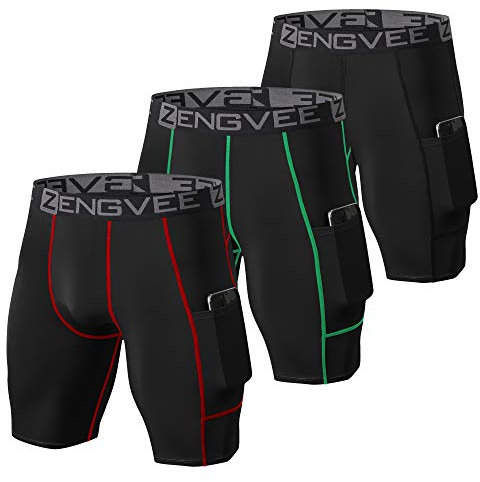 ZENGVEE 3er Pack Herren Kompressionsshorts Laufhose Herren Kurz Schnelltrocknendes Leggings Kurz mit Seitentaschen Tights Sport Unterwäsche für Männer(Black-XL