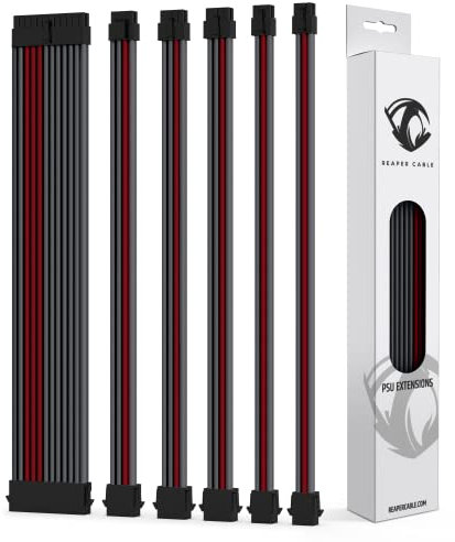 Reaper Cable Sleeved PSU Extension Set - Power Supply Extensions - 1x 24 Pin/ 2x 8 Pin/ 2x 6 Pin/ 1x 4+4 Pin - With Combs - 30cm (Carbon & Dark Red)