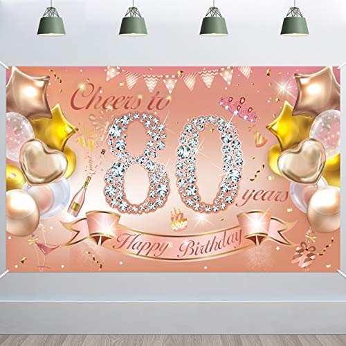 HOWAF 80. Geburtstag Banner für Frau 80. Geburtstag Dekoration Rose Gold, Stoff Plakat für 80. Geburtstag Hintergrund Deko Photo Booth für 80. Geburtstag Garten Tisch Mauer Deko