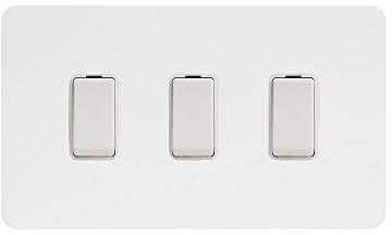 Soho Lighting White Metal Flat Plate 3 Gang Light Switch with 1 Intermediate (2 x 2 Way Swich with 1 Intermediate) Wht Ins Screwless