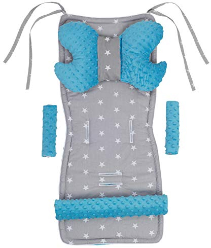 Medi Partners Sitzauflage Kinderwagen Buggy Baby Sommer Kindersitz Einlage Universal - 5tgl Gurtpolster + Spielbogen Kinderwagenset Babyschale (Sterne mit Türkis Minky)