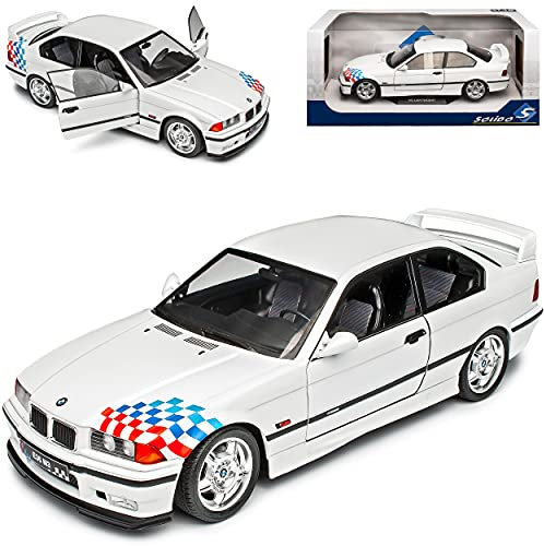 B*M*W 3er E36 M3 Coupe Lightweight Weiss 1990-2000 mit Sockel 1/18 Solido Modell Auto mit individiuellem Wunschkennzeichen