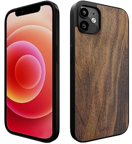 iATO iPhone 12 mini Wood Case. Unique & Classy Shockproof Protective Cover. Wireless Charging Compatible Real Wooden Overlay on Soft Black TPU - Natural Walnut