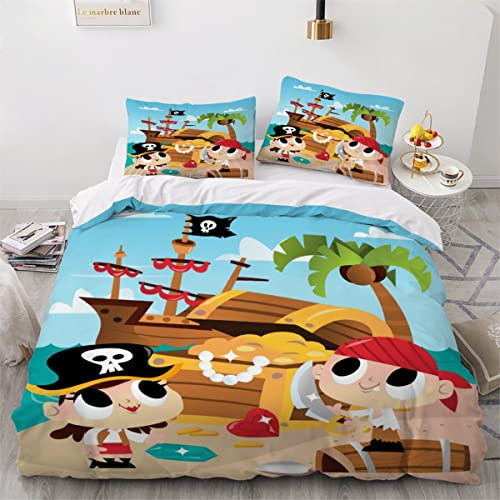 ZLKEJI Bettwäsche 135x200cm Pirat, Der Am Strand Steht Bettbezug SetKokospalme Und Schatztruhe Bettwäsche Set 3D Mikrofaser Reißverschluss Bettbezug und Kissenbezug 80x80cm Flauschige Weich