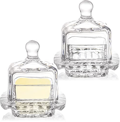 Frcctre 2 Stück Glas-Butterdose, kleiner Glas-Butterhalter mit Kuppeldeckel und Griff, klare Butter-Servierdose, dekorativer Kristall-Mini-Butterbehälter, Butter-Cloche