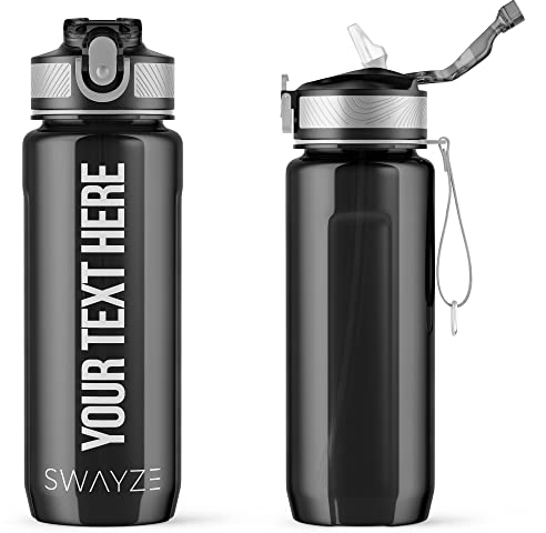 Personalised Water Bottle for Kids, 800ml Water Bottles with Straw, Drinks Bottle for Gym School Sports Hiking Walking Outdoors (Black)