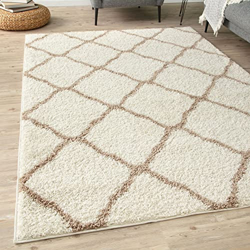 THE RUGS Shaggy Rug – Modern Moroccan Design Rugs for Living Room, Bedroom, Hallway, 3 cm Thick Area Rugs, (Moroccan Ivory/Beige, 80x150cm)