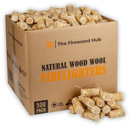 500 Natural Wood Wool Fire Lighters - Long Burn Time Up to 10 Minutes, Ideal for Wood Burners, BBQ, Fireplace, Campfires