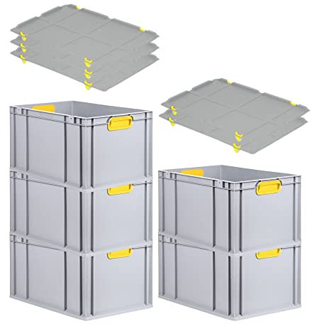 PROREGAL SuperSparSet 5x Eurobox NextGen Color mit Auflagedeckel & Schiebeschnappverschlüsse, HxBxT 32x40x60cm, 65L, Griffe gelb geschlossen, Verstärkter Boden, Eurobehälter Transportbox