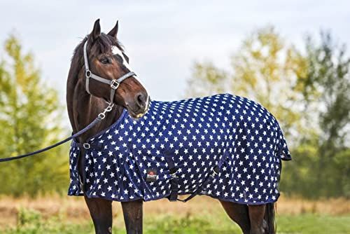 Start Fliegendecke für Pferde mit Halsteil & Bauchlatz – Atmungsaktive Ekzemerdecke | Insektenschutz Sommerdecke für Kaltblut & Warmblut (Dunkelblau/Weiß, 155 cm)