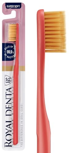 Zahnbürste Extra Weich mit Goldpartikeln | Super Weiche Handzahnbürste für Empfindliche Zähne & Zahnfleisch | Antibakterielle Doppelborsten | Royal Denta | Korallenrot