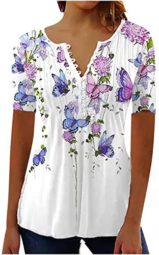 AMhomely Women Shirts Blouse Sale Clearance Elegant Vinatge Button White Blouse Floral Print Tunic Tops Short Sleeve V Neck Teen Lightweight Breathable Sportawear Activewear Undershirts