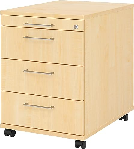 bümö Rollcontainer mit Schubladen, Container abschließbar aus Holz in Ahorn - Rollwagen für's Büro als Schreibtisch Unterschrank, Bürocontainer od. Schreibtischcontainer mit Bügelgriffe