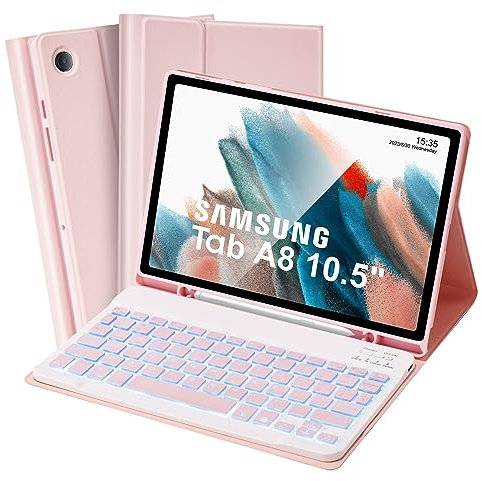 SOPPY Backlit Keyboard Case for Samsung Galaxy Tab A8 10.5 inch, UK Layout, Built-in S Pen Holder, Slim Cover with Detachable Keyboard for Samsung Tab A8 10.5 2022 (SM-X200/ X205 /X207), Pink