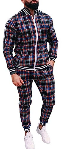 Oanviso Freizeitan-Set Herren Langarm Kariertes Trainingsanzug Sportanzug mit Reißverschluss und Tasche Jogginganzug Slim Fit Männer Sweatjacke Trainingshose Karierter Zweiteiliger Sets C01 XL