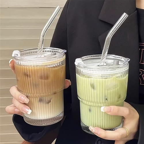 2 Pezzi 400ml Bicchieri da Acqua con Coperchio e Cannuccia, Coppe in Vetro Design Ermetico e Impermeabile, Bicchieri da Tè per Succhi, Smoothie, Caffè Freddo