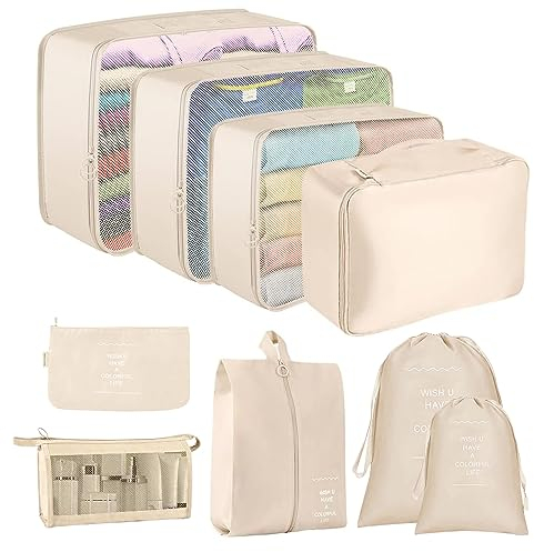 Packing Cubes for Suitcase,Lychico 9pcs Travel Luggage Packing Organizers Waterproof Travel Essentials Bag Clothes Shoes Storage Bags, Beige