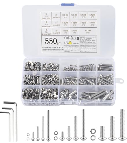 550 Stück Edelstahl-Sechskopf-Knopf Schrauben, M3/M4/M5 Schrauben Muttern und Unterlegscheiben Sortiment Kit, Innensechskant Schrauben, Maschinenschrauben muttern und Unterlegscheiben