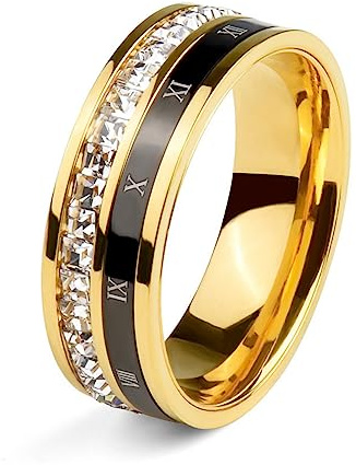 Ropartman 18K Gold Plated Roman Numeral Cubic Zirconia Ring for Men, Square CZ Gold Rings for Men, Spinner Silver Mens Rings Stainless Steel Size 5-13 (Gold Zirconia Ring, 13)