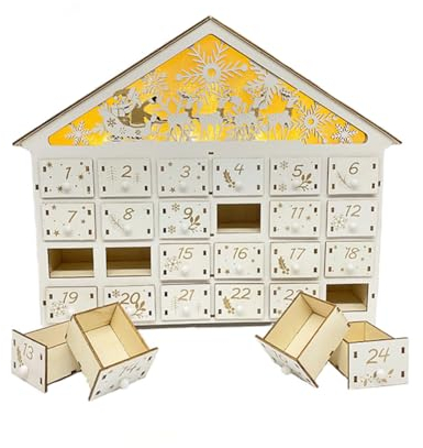 Adventskalender aus Holz, leuchtender Weihnachts-Countdown aus Holz mit Schubladen und LED-Lichtern, wiederverwendbarer Adventskalender mit Dorfwald, Rentier-Szene, Adventskalenderboxen für Kinder