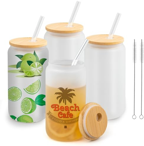 MSYU Lot de 4 canettes vierges en verre de sublimation - 470 ml - Canette de bière givrée avec couvercle et paille - Gobelets en verre de sublimation pour café glacé, jus, soda, boissons