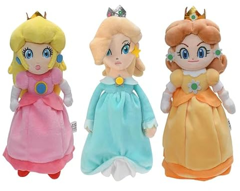HANBO Super Star Collection Prinzessin Pfirsich-Plüschtier, Prinzessin Rosalina und Gänseblümchen, gefüllt, 26 cm (Rosa, Gelb und Blau)