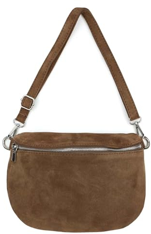 Made in Italy Damen Leder Tasche Brusttasche Gürteltasche Crossbody Hüfttasche Bauchtasche Umhängetasche Wildleder Crossover Schultertasche Handytasche Bodybag Taupe