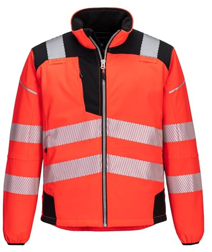 Portwest T402 PW3 Hi-Vis Softshell Long Sleeve Water Resistant Bound Cuffs | Red/Black, 4X Large, RIS 3279-TOM, UPF 40+, EN ISO 20471, Tailored Fit, Curved Back Hem, Secure Storage, 2 Side Zip Pockets
