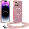 Phoona handyband Hülle für iPhone 14 Pro mit Band, Glitzer Handyhülle Kompatibel mit MagSafe, Ganzkörperschutz Kratzfeste Stossfest Schutzhülle mit Einstellbar Kette, Rosa
