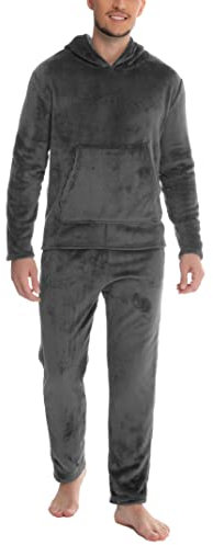 Lovasy Pigiama in Pile Uomo Caldo con Cappuccio Pigiami Due Pezzi Invernale Comodo Pigiama Lungo Completino Casual per Casa con Tasche S-XXL Grigio XXL
