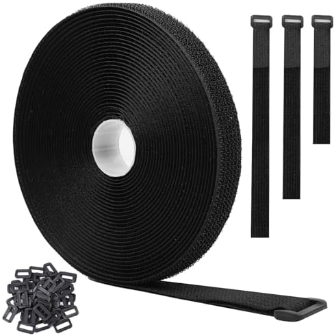 Brslainn Klettband, 10 m x 2 cm Kabelbinder mit 50 Schnalle, Klett Kabelbinder Wiederverschließbar, Freie Schnittlänge Kabel Klettverschluss, für Kabel, Schläuche, Nähen, Schwarz