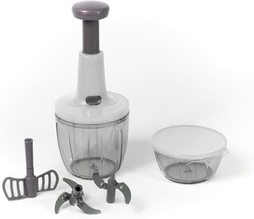Meridiana CHEF ROTOR Mixer Tritatutto Manuale, 5 Lame Acciaio Inox, Trita Verdure, Frullatore Taglio di Cipolla, Tritaverdure, Press Chopper, Contenitore 900 + 500 ml (Bianco)
