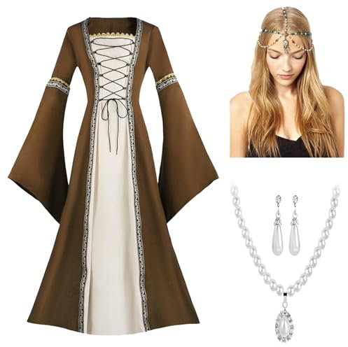 NaLatia Renaissance Kostüm Frauen Mittelalterliches Kleid mit Trompetenärmel Gothic Kleid Damen Mittelalter Kleidung Damen für Halloween KarnevalHalloween Kostüm