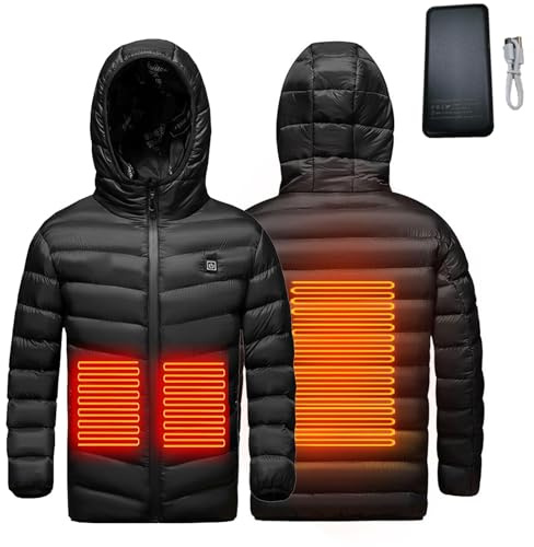 2025 Neu Beheizte Jacke Kinder mit Powerbank, USB Beheizbare Weste für Jungen Mädchen Beheizbare Jacke mit 3 Einstellbar Temperatur Heizjacke Wasserdicht Winddicht Wärmejacke für Skifahren Wanderung