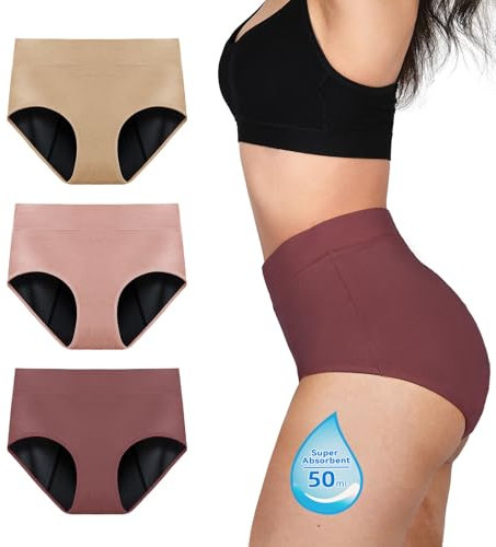 TIICHOO Culotte Menstruelle Femme Flux Tres Abondant Taille Haute Culotte de Regle Lot de 3 (3XL, Marron/Or Rose/Beige)