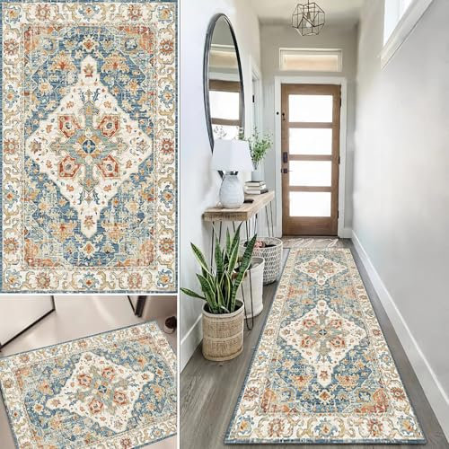 Lanmuvo Teppich Läufer 90x450cm rutschfest Küchen Teppich, Waschbar Polyester Boho Flur Küchenläufer für Korridor, Modern Vintage Kücheläufer Teppichläufer für Wohnzimmer, Küche, Anpassbar