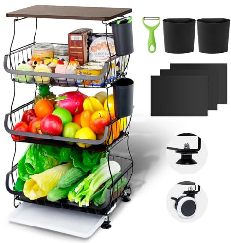 Wuciray Vegetable Rack For Kitchen On Wheels Vegetable Basket With Suction Cups Fruit Storage Baskets With Worktop Vegetable Trolley On Wheels Fruit And Veg Storage Fruit Stand