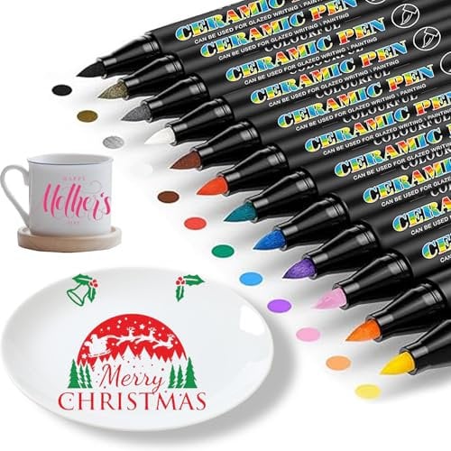 Topspitgo Lot de 12 feutres en porcelaine - Passe au lave-vaisselle - Séchage rapide - Marqueur acrylique imperméable pour tasses, motifs en céramique et créations design (12 couleurs)