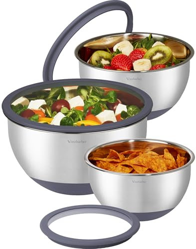 Winzbacher Edelstahl Schüssel mit GLAS-Deckel [3er Set] 1l + 2.5l + 4.5l | Rührschüssel, Salatschüssel, Schüsselset, | rutschfest | stapelbar | Spülmaschinenfest